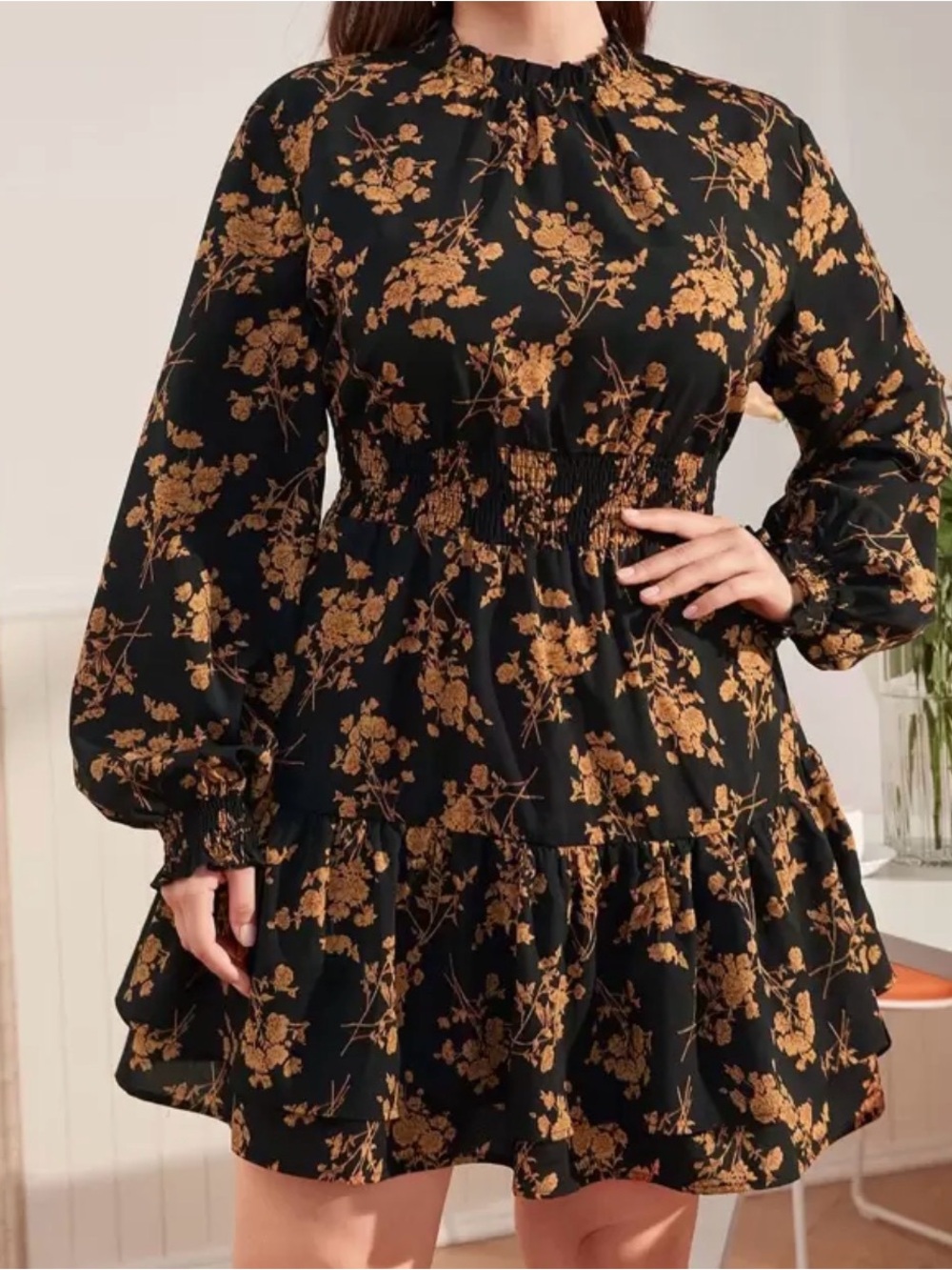 SHEIN Black Dress with Mustard Floral Print - Long Sleeve Smocked Waist